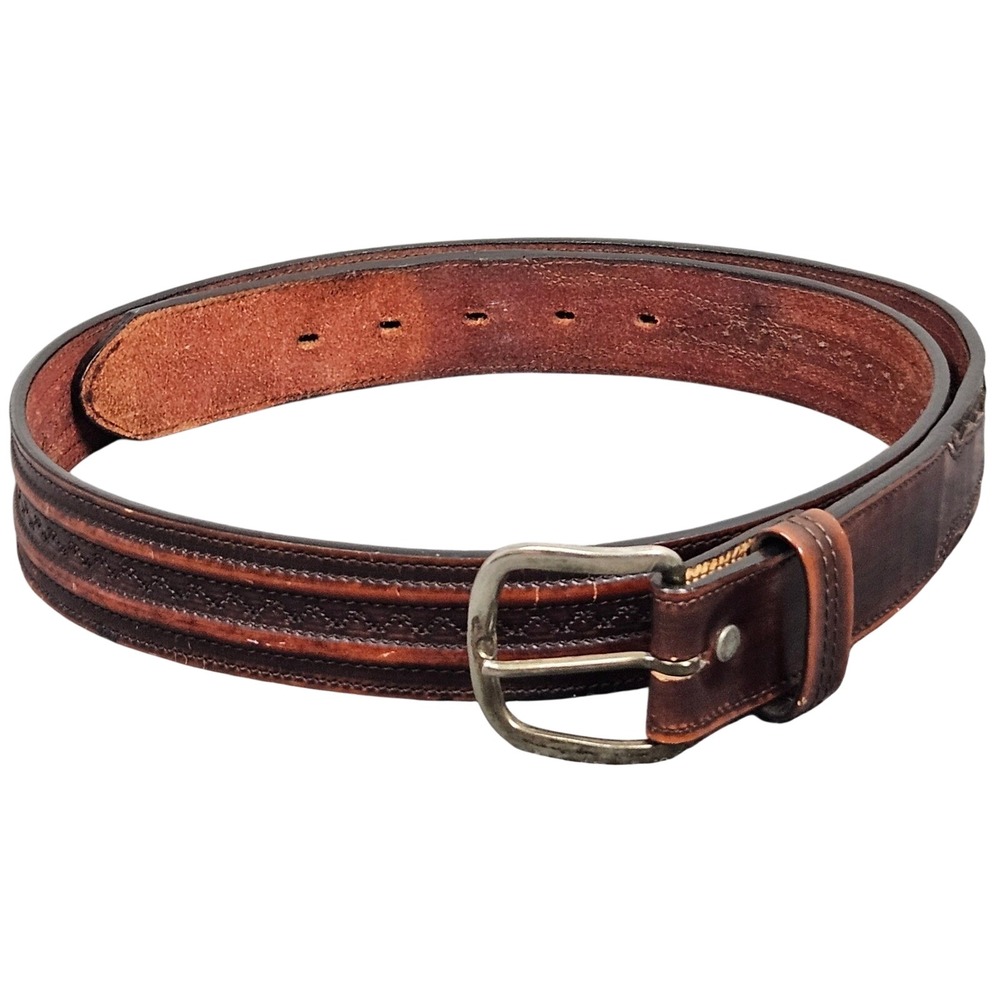 Vintage 70s Genuine Leather Belt Mens 42 Brown Tooled Western Embossed Casual